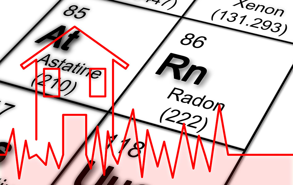 Testing chart results overlapping the Radon chemical symbol and atomic number 86 to reference Home Radon Testing