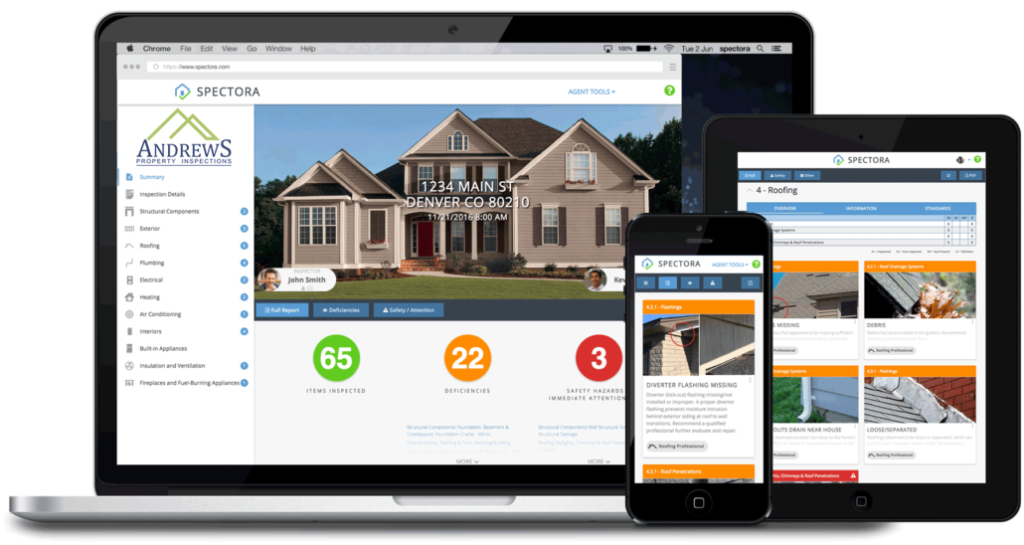 Home inspection report sample showing modern design displaying on three devices, computer, tablet and phone.
