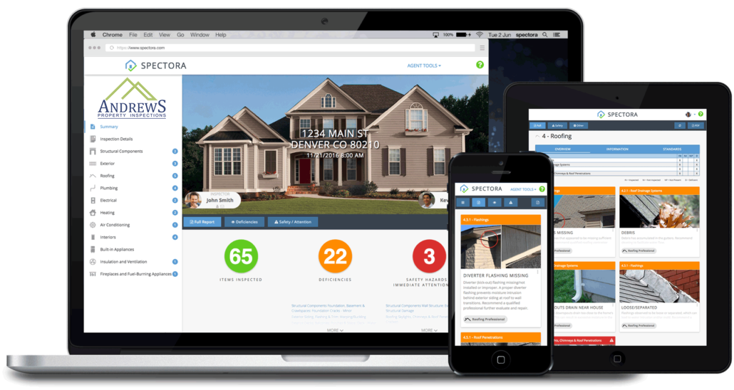 Digital home inspection reports displayed on a computer, tablet and phone, written by Andrews Property Inspections