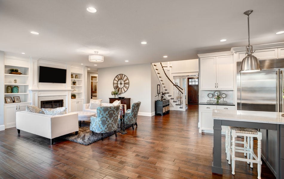 Combination, living room and kitchen area of the home interior ready for a reinspection after repairs.